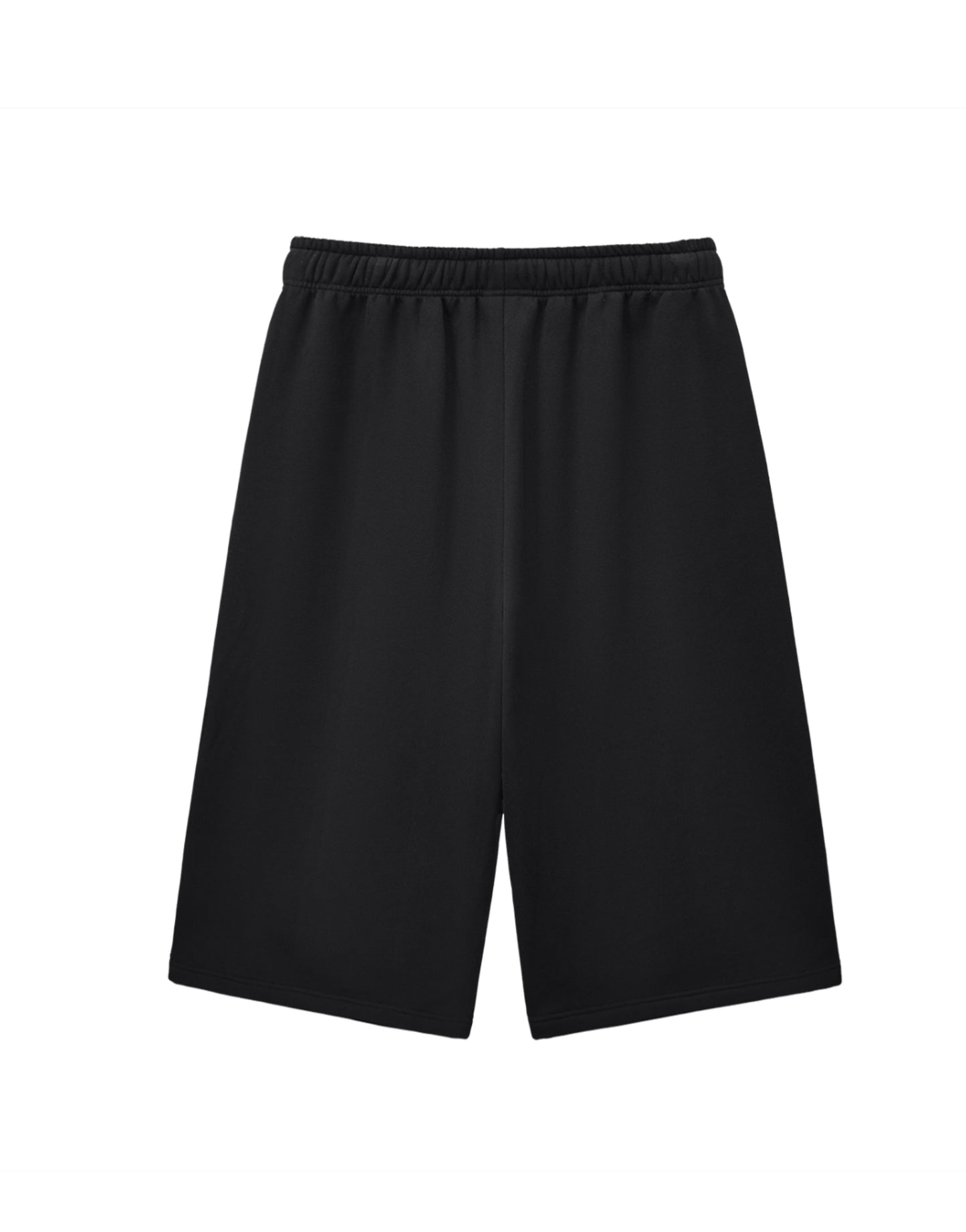 Back view of CREET oversized black capri shorts with wide-leg streetwear fit
