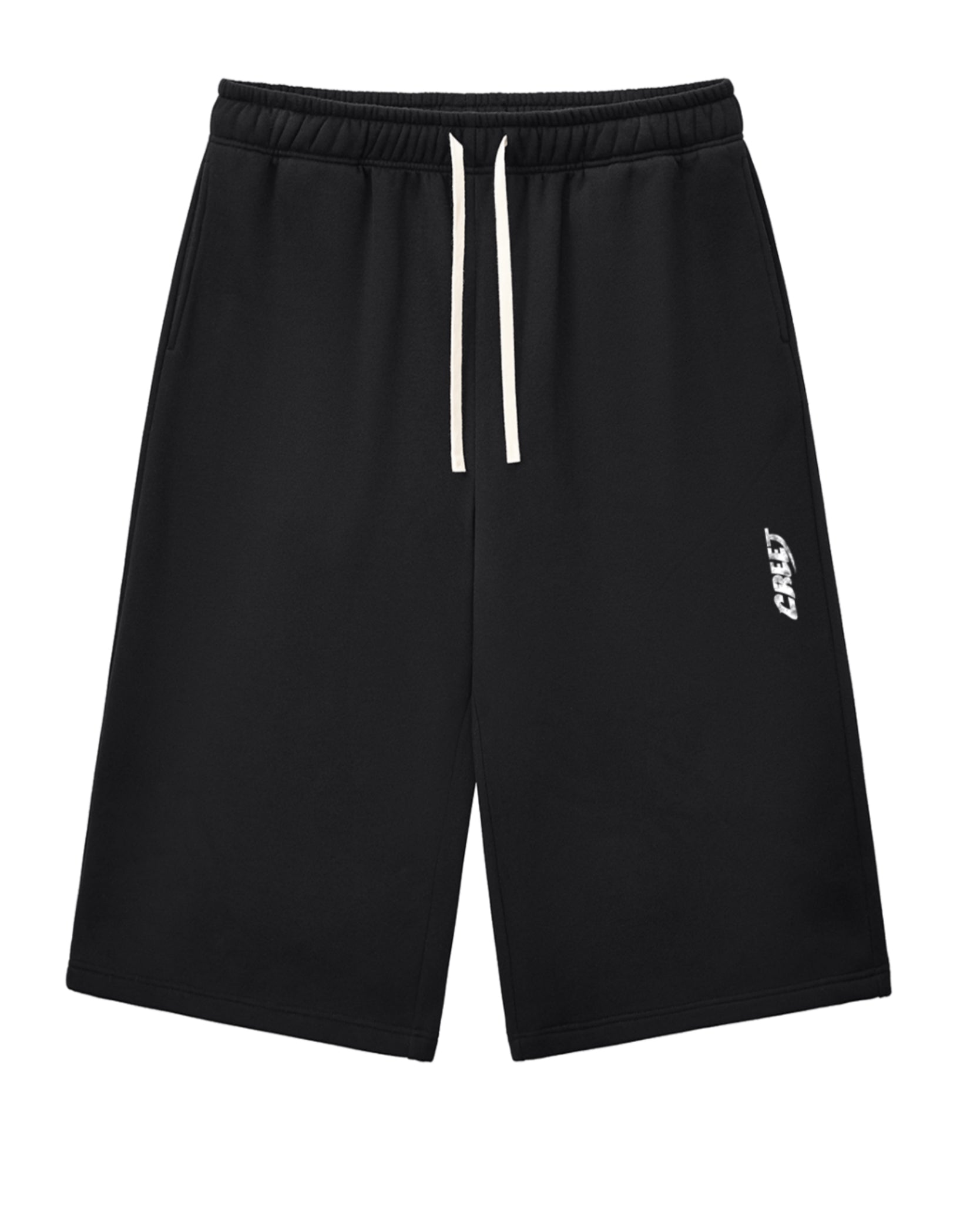 CREET oversized black capri shorts with drawstring waist and signature logo

