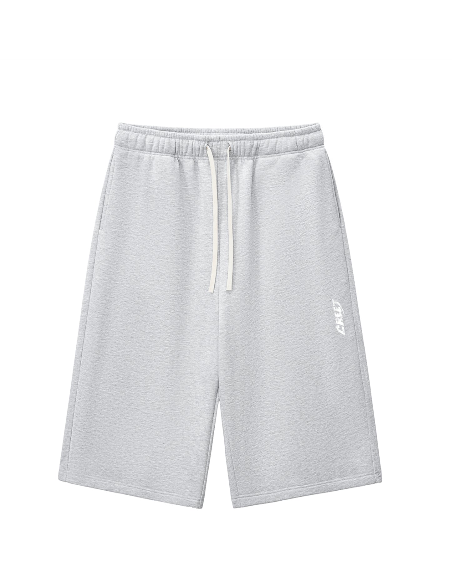 CREET oversized gray capri shorts with drawstring waist and signature logo