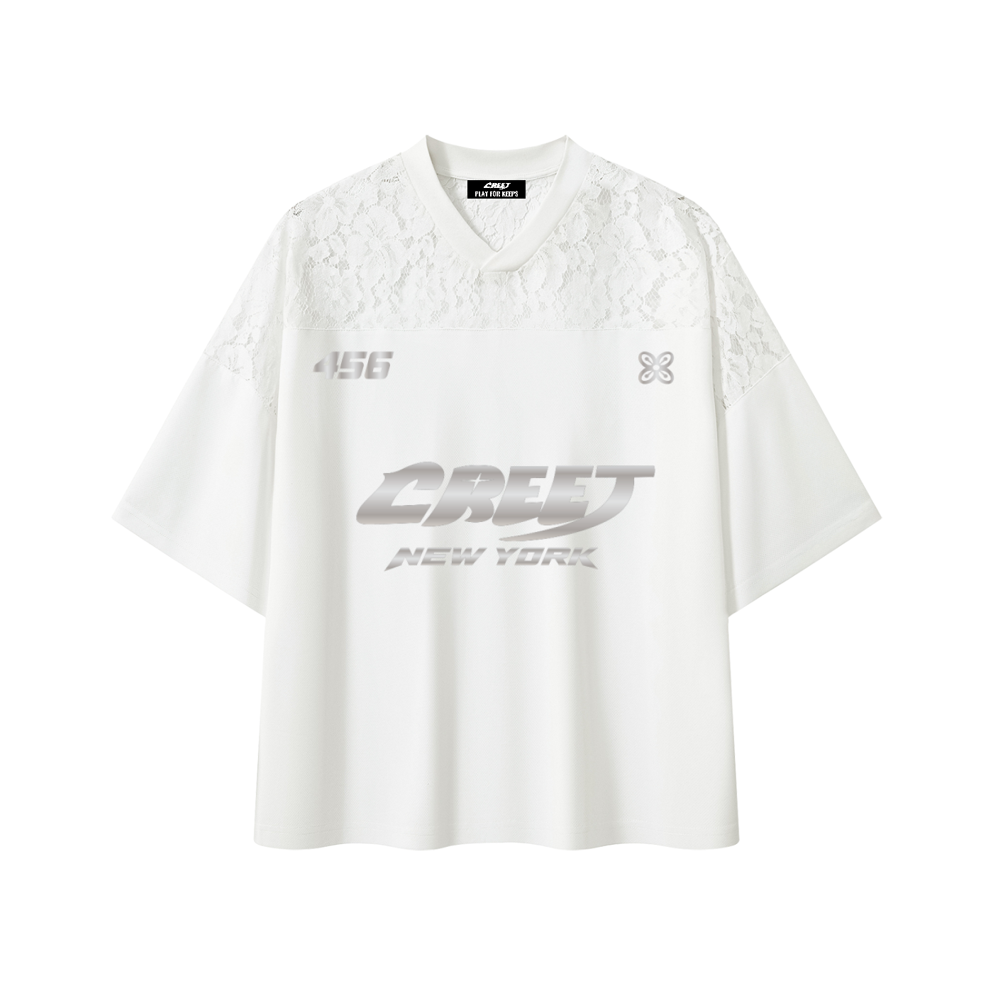 CREET 456 women's white lace streetwear jersey front view with metallic graphics