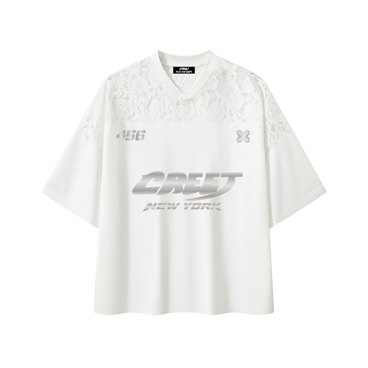 CREET 456 women's white lace streetwear jersey front view with metallic graphics