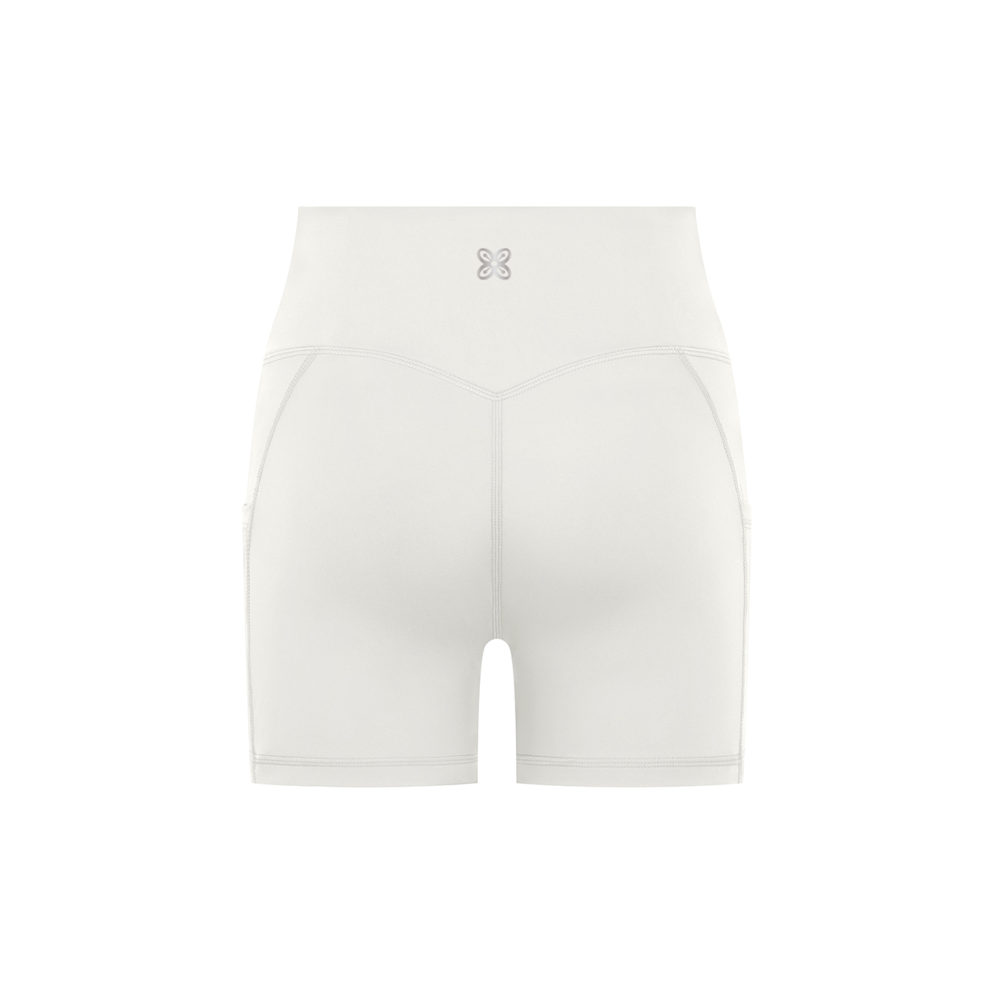 CREET women's white high-waisted biker shorts back view with Abundance logo