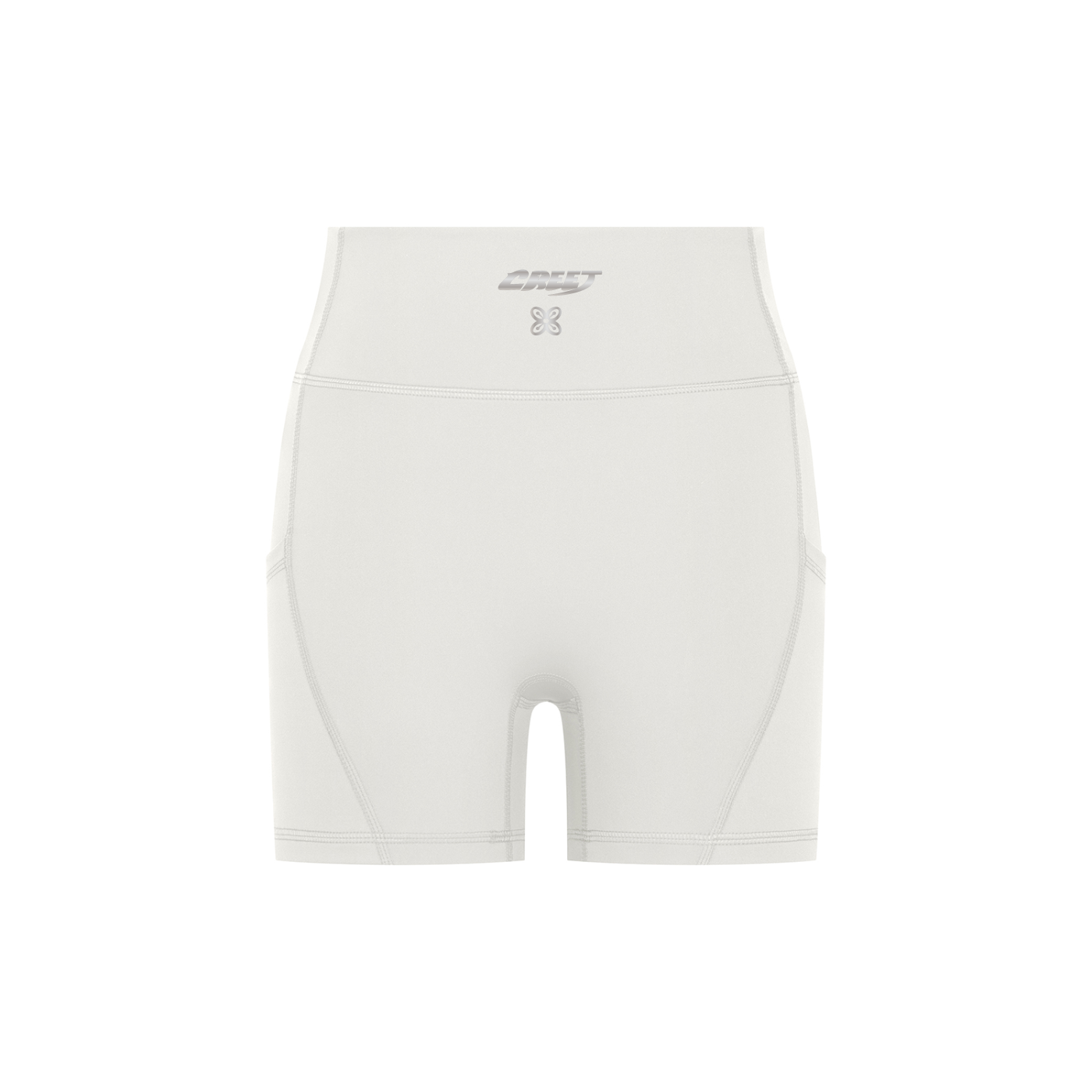 CREET women's white high-waisted biker shorts front view with side pockets
