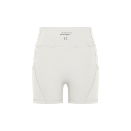 CREET women's white high-waisted biker shorts front view with side pockets

